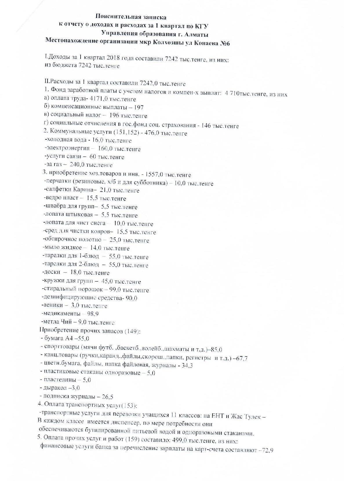 Отчет о доходах и расходах 1-кв 2018