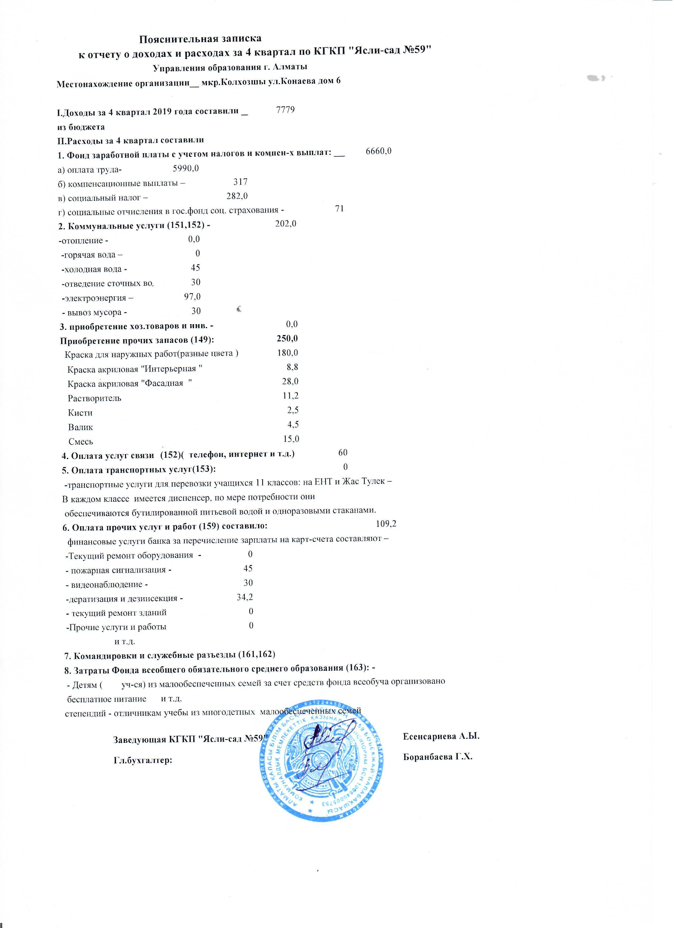 Отчет о доходах и расходах за 4 квартал 2019 г